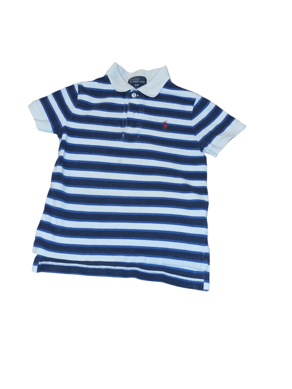 Ralph Lauren Boys Navy and Light Blue Striped Polo with White Collar